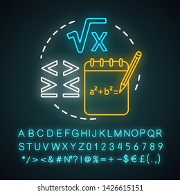 Algebra neon light concept icon. Advanced calculations, learning algebra idea. Algebraic equations, more and less sign. Glowing sign with alphabet, numbers and symbols. Vector isolated illustration
