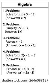 Problemas de álgebra e soluções com equações simplificando fatoração e expandindo para a prática matemática