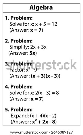 Algebra problems and solutions with equations simplifying factoring and expanding for math practice