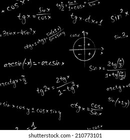 Algebra seamless vector pattern on black background. Blackboard formulas.