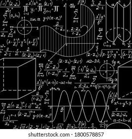 Algebra vector seamless pattern with handwritten math formulas, plots and figures