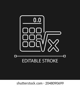 Algebra white linear icon for dark theme. Calculator, radical symbol. Mathematical calculations. Thin line customizable illustration. Isolated vector contour symbol for night mode. Editable stroke