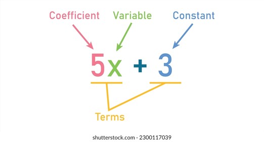 Algebraic expressions parts in mathematics. Coefficient, variable, constant and terms. Parts of an expression. Math resources for teachers.