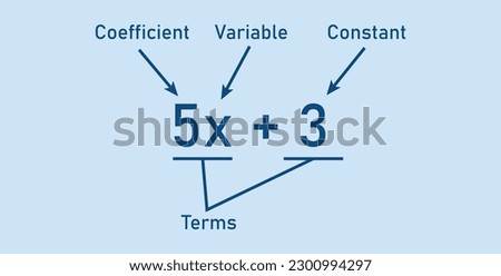 Algebraic expressions parts in mathematics. Coefficient, variable, constant and terms. Parts of an expression. Math resources for teachers.