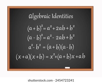 Algebraic identities diagram on black board. Science education vector illustration