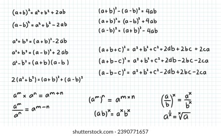 Algebraic identities expression formula doodle handwriting collection set vector illustration. Scientific education square formulas. Mathematics resources for teacher and student background