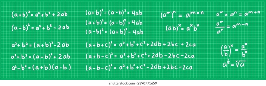 Identidades argelinas expresión fórmula doodle conjunto de colección de escritura a mano conjunto de ilustración vectorial. Fórmulas cuadradas de la educación científica. Recursos matemáticos para profesores y estudiantes