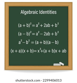 Algebraic Identities on a chalkboard. School. Math. Vector illustration.