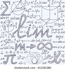 Algebraic vector seamless texture with many various mathematical signs, calculations, formulas. Math endless pattern, handwritten on a grid copybook paper