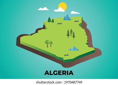 Algeria 3d isometric map with topographic details mountains, trees and soil vector illustration design
