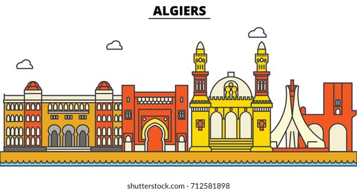 Algeria, Algiers. City skyline: architecture, buildings, streets, silhouette, landscape, panorama, landmarks. Editable strokes. Flat design line vector illustration concept. Isolated icons set