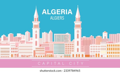 Algeria Algiers city skyline background, a digital rendering, international typographic style