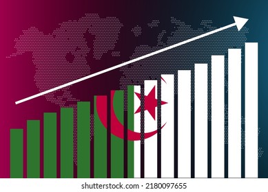 Gráfico gráfico de barras de Argelia, valores en aumento, concepto de estadísticas de país, bandera de Argelia en el gráfico de barras, flecha ascendente en los datos, idea de pancarta de noticias
