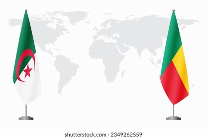 Algeria and Benin flags for official meeting against background of world map.