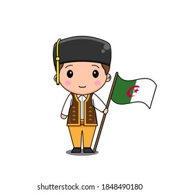 Algeria boy in national dress with flag. Vector illustration of chibi character isolated on white background.