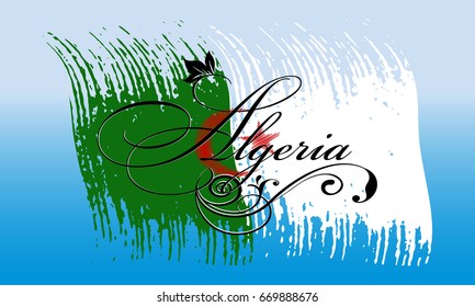 Algeria. Calligraphic cursive vintage Algeria lettering inscription with floral ornament on the  brush stroke Algeria flag. Vector background for design, prints,emblem, cloth, brochure, souvenirs