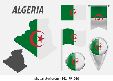 ALGERIA. Collection of symbols in colors national flag on various objects isolated on white background. Flag, pointer, button, waving and hanging flag, detailed outline map and country inside flag. EP