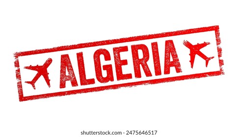 Algeria - is a country in the Maghreb region of North Africa, text emblem stamp with airplane