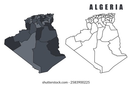 Algeria country map black flat outline vector illustration set