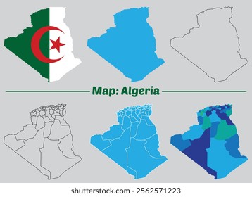 Algeria country map set. internal provinces borders marked, Simple map of Algeria vector drawing, Filled and outline.