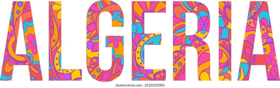 Algeria creative country name text design filled with colorful doodle pattern	