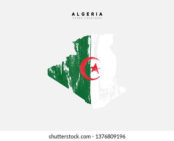 Algeria detailed map with flag of country. Painted in watercolor paint colors in the national flag.