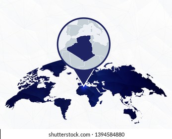 Algeria detailed map highlighted on blue rounded World Map. Map of Algeria in circle.