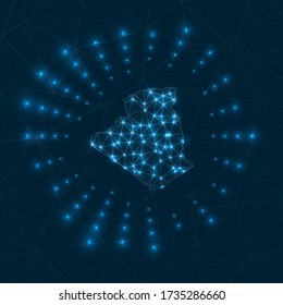 Algeria digital map with glowing rays radiating from the country. Network connections and telecommunication design. Vector illustration.
