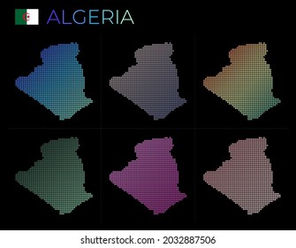 Algerien hat gepunktete Karte gesetzt. Karte von Algerien im gepunkteten Stil. Grenzen des Landes gefüllt mit schönen glatten Gradientenzirkeln. Anziehende Vektorgrafik.