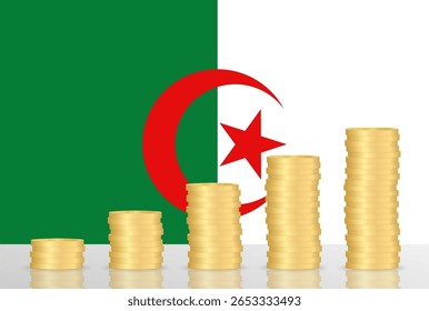 Argelia Economía. Bandera de Argelia con la pila de monedas. Concepto Financiero y de Inversión. Ilustración vectorial.  