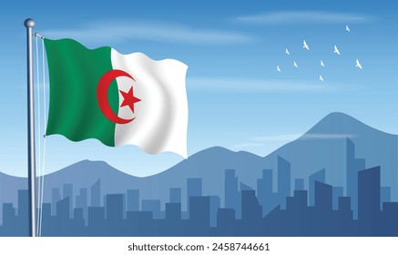 Algeria Flag with building silhouette and blue sky. National Day, Flag Day, Remembrance Day.