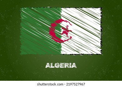 Bandera argelina con efecto tiza sobre pizarra verde, concepto de bandera del país dibujante a mano, pizarra verde con bandera argelina, textura de tiza, bandera para los niños, material de clase