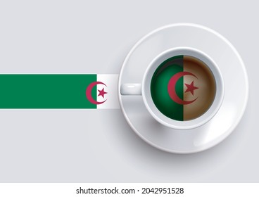 Algeria flag with coffee cup on top view, vector illustration. 

