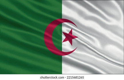 Algeria flag design. Waving Algerian flag made of satin or silk fabric. Vector Illustration.