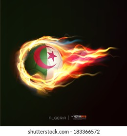 Algeria flag with flying soccer ball on fire isolated black background, vector illustration