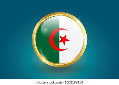 Algeria flag in the form of a circle, can be used for independence day or other events. Algeria icon gold glossy badge button with Algeria flag and shadow on light background. vector illustration.