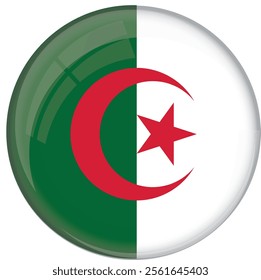 Algeria flag with glossy rounded button for football team and national emblem