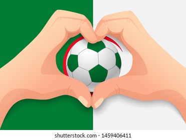 Algeria flag and hand heart shape. National football background. Soccer ball with flag of Algeria vector illustration