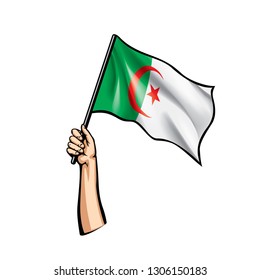 Algeria flag and hand on white background. Vector illustration