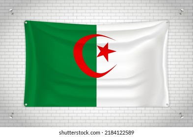 Algeria flag hanging on brick wall. 3D drawing. Flag attached to the wall. Neatly drawing in groups on separate layers for easy editing.