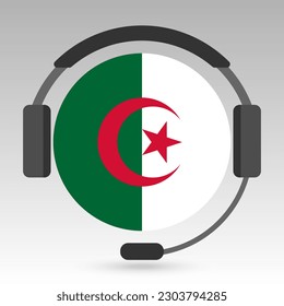 Algeria flag with headphones, support sign. Vector illustration.