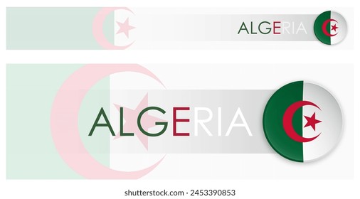 Anuncio de Web Horizontal con bandera de Argelia en estilo moderno de neomorfismo. Página web Botón de cabecera de país argelino para aplicación móvil o sitio de Internet. Vector