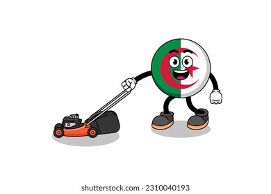 algeria flag illustration cartoon holding lawn mower , character design