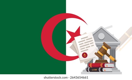 Bandeira da Argélia com silhueta de vetor de justiça, martelo de martelo de martelo de juiz e escalas de justiça e silhueta de algema na bandeira do país, conceito de lei da Argélia, ativo de design, ideia de liberdade