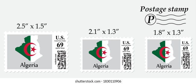 Algeria flag map on postage stamp different size.