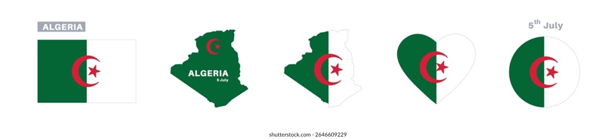 algeria flag and map set. algeria flag in official colors and proportions. independence day 5 july, map, circle and heart shaped algeria	