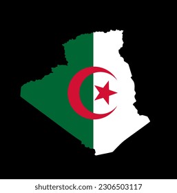 Ilustración del mapa del vector de la bandera argelina aislada. Símbolo nacional del país en el norte de África. Media luna y escudo de armas estrella representa al pueblo islámico y árabe. Mapa de Argelia emblema de la señal del escudo de armas.