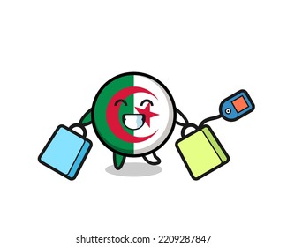 algeria flag mascot cartoon holding a shopping bag , cute design