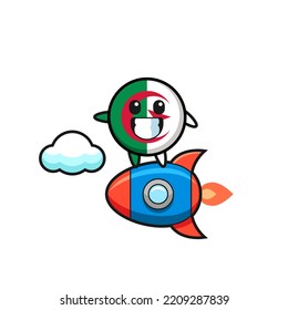 algeria flag mascot character riding a rocket , cute design