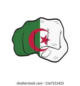 Algeria flag on a clenched fist. Strength, Power, Protest concept